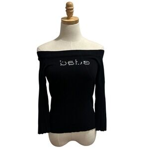Bebe Black Off The Shoulder Rhinestone Logo Ribbed Knit Sweater Womens Large